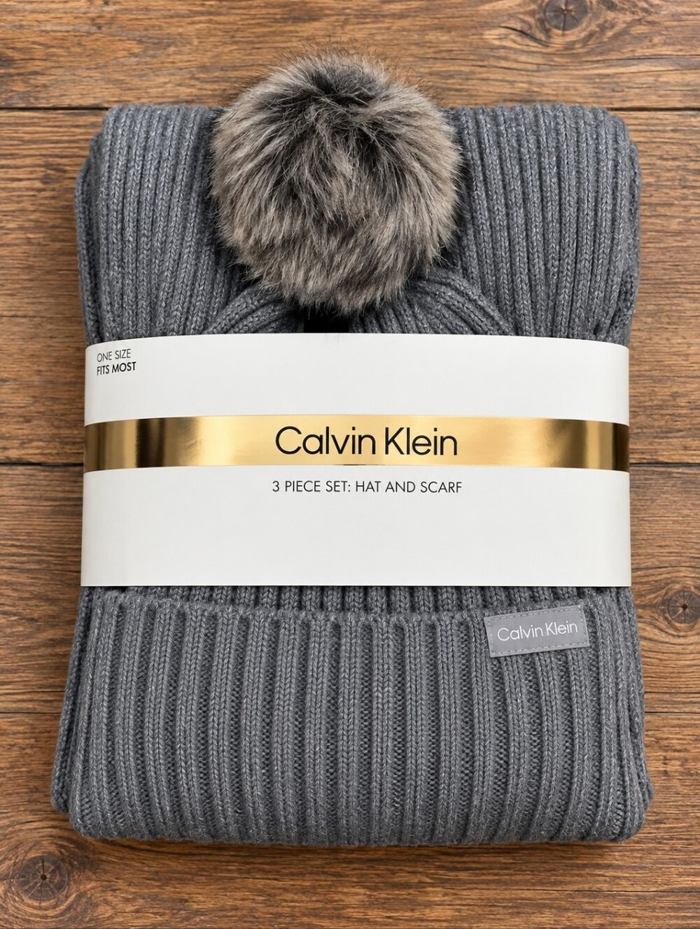 Calvin Klein Gray Pom Beanie Hat Scarf 2 Piece Set NWT -R